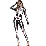 (ホーマイ)HOOMAI ドクロ レディース ロンパース ガイコツ ハーレークイン キャットスーツ ハロウィン コスプレ 衣装 仮装 ゾンビ 血糊 ホラー 怖い 悪魔 ピエロ ドッキリ スタンドカラー XL T1001