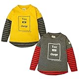 (イエロー/95cm)ベビー服 男の子 Tシャツ 長袖 重ね着風 ボーダー切替 ロゴプリント 男児 ベビー
