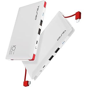 モバイルバッテリー ケーブル内蔵 大容量 10000mAh MFi認証 ライトニング/microUSBコネクタ付 2USBポート スマホ 充電器 コンパクトで持ち運び便利 iphone/ipad/Android対応 (ホワイト)