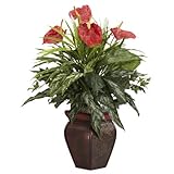 Nearly Natural 6678 Mixed Greens and Anthurium with Vase Decorative Silk Plant, Green by Nearly Natu