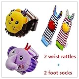 4pcs / Set Cartoon Animal手首ラトル+足ソックス用時計バンド手首ストラップベルトソックス新生児赤ちゃんのガラガラ音がするリングおもちゃ