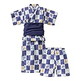 (ニッセン) nissen キッズ 男の子 着まわし 浴衣 セット 紺 × オフホワイト （ 格子柄 ） 身長 140cm