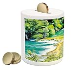 NatureコインボックスBank by lunarable、絶妙なジャングルwith Waterfall Foliage湖Magic Forest Dreamy ecoイメージ、印刷セラミックコイン
