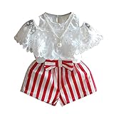 Karchi 子供服 ガールズ服 全7種のデザイン 3種2点セットと3種ワンピース 花柄　無地　肩出し　レース　ボーダー柄 　タンクトップ　Tシャツ　ミニスカート　ズボン　ショートパンツ (13, デ