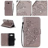 Samsung Galaxy Grand Prime ケース OMATENTI 手帳型 財布型 マグネット式 PUレザー スタンド機能 カードホルダ付き 衝撃吸収 耐衝撃 保護カバー (1-グレー)