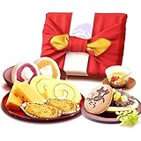 おいもや プレゼント 竹かご風呂敷&スイーツセット 大福 いもようかん ポテロール スイートポテト どら焼き スイーツ5種セット 母の日ギフト (あか色風呂敷)