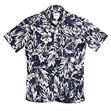 [マジュン] 国産シャツ かりゆしウェア アロハシャツ 結婚式 メンズ 半袖シャツ ボタンダウン ミッドサマーブーケ ネイビー LL