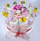 ご出産お祝い＜おむつケーキ＞　リーズナブルなお値段のかわいいおむつケーキ　フラワーB(女の子用ピンク系）