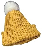 ふわふわ ボンボン 付き ニット帽 ベビー ＆ キッズ用 耳あて 防寒 1-8歳 (イエロー)