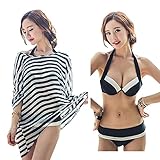 hibote 水着 レディース ビキニ ボーダー水着 3点セット 大人可愛い アウター付き 体型カバー ストライプ XL