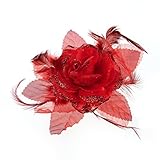 SODIAL(R) 花嫁の頭の装飾フェザーオーガンザのバラ赤いヘアバンドスクランチーな髪の花