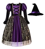[ReliBeauty] ハロウィン 仮装 子供 女の子 魔女 ウィッチ 魔法使い コスプレ 衣装 長袖 ワンピース キッズ コスチューム ドレス とんがり帽子付き 2点セット 140