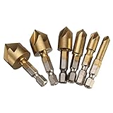 NUZAMAS 6カウンターシンクドリルビットセット5フルート1/4 "六角シャンク90度チタンメッキエッジシャッターカッターミルドリルビットサイズ：6mm、8mm、9mm、12mm、16mm、19m