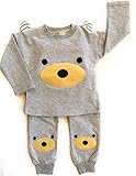 BloomingDays キッズ パジャマ ベビー 服 上下 セット 長袖 長ズボン 丸首 クマ 寝巻き (グレー 80)