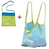 ビーチバッグトートバッグメッシュおもちゃストレージシェルバッグSand Water Proof折りたたみ式ネット、ブルー