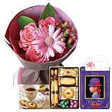 花とスイーツ ギフトセット かわいい ピンク バラ ミックス花束 と 赤い帽子 パープル 写真入り・名入れメッセージカード