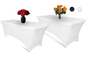 6ft Tablecloth Rectangular Spandex Linen - White Table Cloth Fitted Cover for 6 Foot Folding Table, Wedding Linens Banquet Cloths Rectangle Covers (2 Pack)