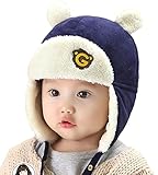 EOZY 冬 子供 ベレー帽子 ニット帽 雷鋒帽 耳あて 可愛い お洒落 お出かけ クマ型 ハット あご紐 赤ちゃん 幼児 あったか 防寒 防風 ネイビー