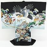 お宮参り 着物 男 「黒色地に大鷲と富士山に鼓  薄水色のぼかし 金彩 刺繍」