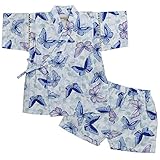 ガールズベビー浴衣|甚平[くろわっさんす べべ]ベビー甚平|上下セット|ちょうちょ柄(日本製生地) 綿100％|女の子|女児 90cm ホワイト-ブルー