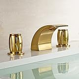 Gold Brass Waterfall Bathroom Sink Faucet Double Knobs Widespread Mixer Tap by Rozinsanitary [並行輸入品]