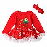 Puresinoベビー キッズ 子供服 女の子　ドレス　ヘアバンド付き クリスマス サンタワンピース 雪柄 クリスマスツリー 2点セット ロンパース コスチューム (95, レッド)