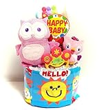 17014 おむつケーキ２段　おむつケーキ２段　男女共用　かわいいフクロウ＆おしゃれタイツ　知育玩具オムツケーキ　出産祝い