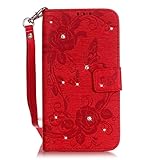 UNEXTATI Galaxy S6 Edge ケース ダイヤモンド 手帳型ケース カバー カード収納 ストラップ 付き Samsung GalaxyS6 Edge 用 Case Cover (レッド