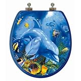 Topseat 3dオーシャンシリーズラウンドトイレシートW / Chromedメタルヒンジ、木製、Dolphin Family