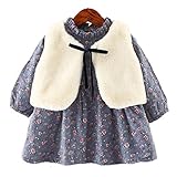 MY-secretベビー服 ワンピース 幼児サイズ 赤ちゃん服 もこもこファーベスト付き 厚手 裏起毛 ワンピース＋ベスト ブルー 80
