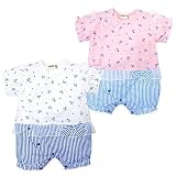 (ピンク/80cm) ベビー服 女の子 ロンパース 半袖 天竺 イカリ柄 ストライプ チュールレース リボン 前開きスナップボタン バックマチ付 女児 ベビー