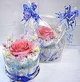 ご出産お祝い＜おむつケーキ＞　リーズナブルなお値段のかわいいおむつケーキ　フラワーA　(男の子用ブルー系リボン）