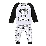 Ochine ファッション　英字プリント上着＆ロングパンツ　黒白　上下 2点セット　男女兼用　かわいいプリント　コットンブレンド　春秋　出産祝い　0-4歳設定　 (90、1-2歳)