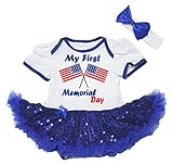 [キッズコーナー] アメリカの独立記念日 7月4日 USA Flags My First Memorial Day ベビー服 ヘアバンド付き ワンピースドレス チュチュ (White/Blue Seq