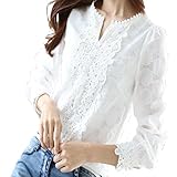 Zufriedeneer レース スキッパー シャツ 白 Vネック シフォン 長袖 レディース (M)