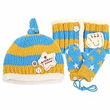 Youth Dream(ユースドリーム）子供用ニット帽＋マフラー+手袋　３点　裹起毛　ボタン付きネックウォーマー　ニットキャップ　　ベビー　子ども　防寒(イエロー とブルー)