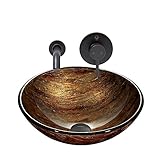 VigoオレンジサンセットガラスバスルームシンクとOlus壁マウント蛇口with Pop Up、アンティークブロンズ