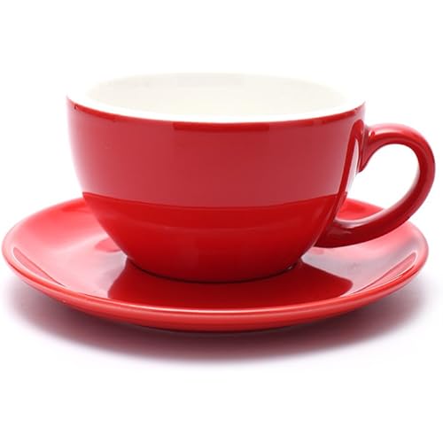Coffeezone Manual Brew Coffee Cup and Saucer, Latte Art Cappuccino for Coffee Shop and Barista (Glossy Red, 8.5 oz)