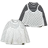 (ホワイト/90cm)ベビー服 女の子 Tシャツ 長袖 ハイネック 重ね着風 キャミソール切替 ボーダー柄 スナップボタン付 ロゴワッペン 女児 ベビー