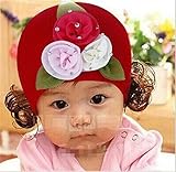 帽子 ベビー　キャップ キッズ　子供ハット かつら ウィッグ 付き 新生児 女の子 ヘアバンド ヘアアクセサリーFlower レッド
