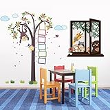 Walplus Removable Wall Stickers Nursery Monkey Height Measure + Window View Of Animal Friends, Nurse