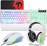 Mamba snakeゲーミングキーボードマウスヘッドホンハンドレストセット USBメンブレン式 有線 防水多機能マルチメディアキー 2400DPI調整なマウス 6つのボタン マウスパッド付き ハンドレスト ゲーミングヘッドセット RGBライト 有線 (ホワイト＋ヘッドセット＋ハンドレスト)