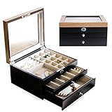 LOWYA （ロウヤ） アクセサリーボックス 収納 鍵付き 木目調 ベルベット生地 3段 アクセサリー収納 ジュエリーボックス おしゃれ ブラック 新生活