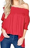 FairySu オフショル フリル トップス レディース セクシー 肩見せ 半袖 カットソー かわいい ふんわり 女子 ショート丈 ブラウス カジュアル 登校 通勤にも (L, レッド)
