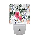 naanle美しいハチドリPalm Leavesハイビスカス柄花柄夏トロピカル花ホワイトオートセンサーLED Dusk to Dawnナイトライトプラグinインドアfor Adults
