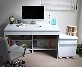 【鏡面天板で美しい、たっぷり収納のデスクセット】 120cm幅 デスク 2点セット 大型収納 多目的チェスト付き 2口コンセント ホワイト