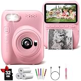 インスタントプリントカメラ 子供用 3インチ HD 32MP キッズカメラ 1080P デジタルカメラ プリンター用紙3ロール付き 幼児用カメラ 誕生日プレゼント おもちゃ 3~12歳の女の子/男の子用 32GB SDカード付き ピンク