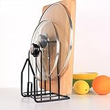 キッチン収納　鍋蓋 &amp; まな板 スタンド　キャッチ 置物棚　金属 まな板スタンド デスクトップ上の本棚 12.5x14.5x21.5cm (ブラック)