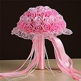 ウェディング 花嫁 ブーケ ブライダル バラ ラインストーン レース リボン 造花 花束 ラウンドブーケ 結婚式 二次会 撮影 ピンク＆ライトピンク