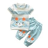 JIEYA 女の赤ちゃんの男の子クマストライプTシャツ+クロップドパンツのため2個の夏衣装セット (0.5-1year, 青)